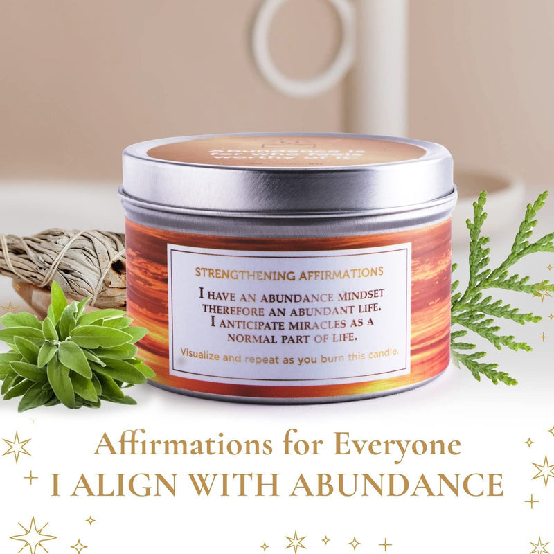 Tin Candle Affirmation, I Align With Abundance, 6 oz